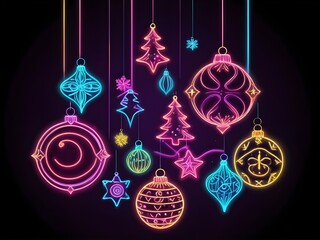 Wall Mural - abstract pastel Glowing Christmas hanging neon decoration, glowing colored ornament dark background Happy New Year and Merry Christmas