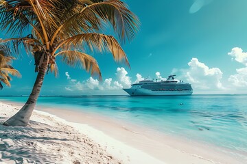 Cruise ship and palm tree on the beach.