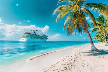 cruise ship and palm tree on the beach.