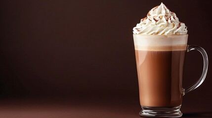 Poster - A close-up of a glass mug with a hot chocolate drink topped with whipped cream and a sprinkle of cocoa powder.