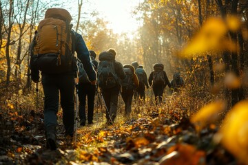 Wall Mural - group of hikers explores a sunlit autumn forest trail with backpacks and warm clothing