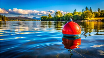 Brightly Colored Fishing Buoy Floating on Calm Water in a Scenic Outdoor Environment