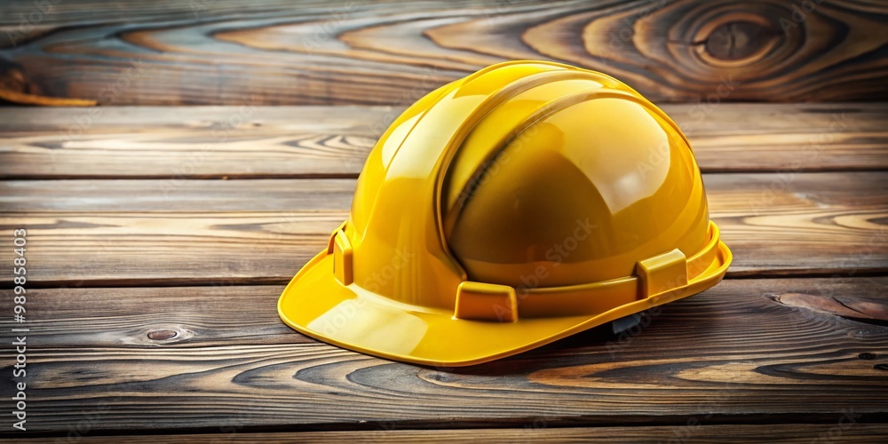 Bright yellow construction hat on a wooden surface, essential for ...