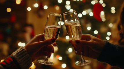 Women clinking glasses of tasty champagne at party