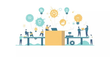 Wall Mural - Illustration of small people working on an innovative project, standing next to large boxes with ideas and gears around them, simple flat vector illustration