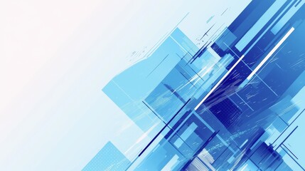blue and white background featuring geometric shapes of various sizes and shades of blue. This modern design incorporates clean lines and an abstract representation of technology