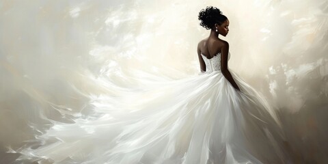 Elegant black bride in a flowing wedding dress captures a magical moment on her special day at a serene indoor venue