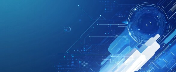  blue technological background featuring geometric shapes in blue and white