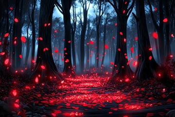 Wall Mural - A haunting autumn forest bathed in red-black light, with dark trees and glowing red leaves falling gently in the eerie breeze, in an autumn fantasy artwork illustration