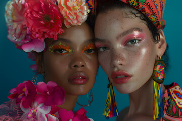 Two young women with stunning makeup and floral accessories, posing closely against a vibrant blue backdrop, exuding confidence and beauty.