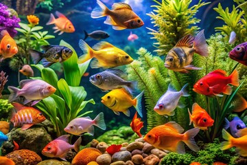 Colorful aquarium with tropical fish swimming among plants and decorative elements in clear water