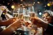 © shirophoto - closeup hand with champange glass cheer together in nightclub, dico light and confetti
