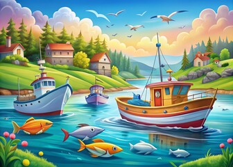 Wall Mural - Colorful Cartoon Fishing Background with Boats, Fish, and Scenic Water Landscape for Creative Projects