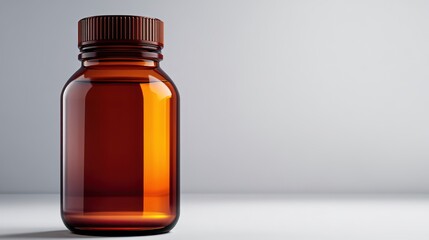 A clear amber glass bottle, commonly used for storing liquids or supplements.