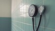 © AURA COLLECTIONS - A close-up of a blood pressure monitor mounted on a tiled wall.