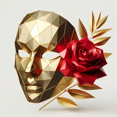 Wall Mural - A stylized gold low-poly mask, A single red diamond rose with gold leaves