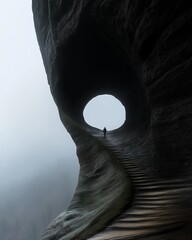 man standing path cave inspiring architecture unsettling moody vibe lonely scenery peaceful blossoming heaven illustration anomalous object round doors