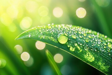 A close-up of a green leaf adorned with fresh dew drops, capturing the essence of nature's beauty and tranquility.