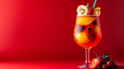 Poster - A refreshing summer drink with fruit and ice in a tall glass against a red background.