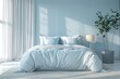 © evgenia_lo - A soothing bedroom featuring a large, comfortable bed with sky-blue bedding, ample natural light, and a serene, minimalist aesthetic.