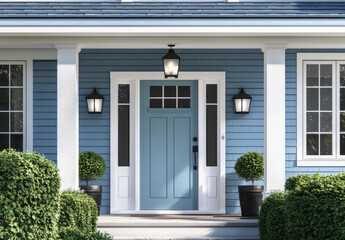 A front door with a light blue color and white trim on a grey house, a beautiful home exterior with a flower garden.