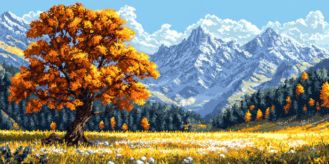 Wall Mural - Pixel art of an autumn tree in the foreground, generative AI