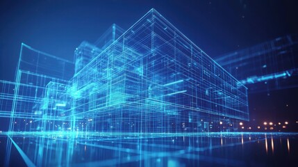 Futuristic digital blueprint showcasing a 3D wireframe model of a building in vibrant blue tones against a dark background.