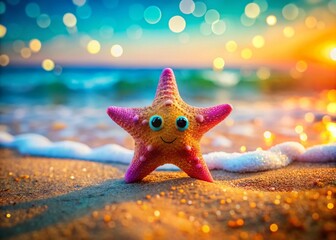 Wall Mural - Cute and Colorful Kawaii Starfish on a Sandy Beach Background Ideal for Fun Coastal Illustrations