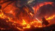 © Dani - A dramatic digital image depicts a massive, fire-breathing dragon and a lone knight set against a backdrop of erupting volcano for a fighting game-themed wallpaper