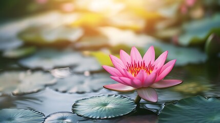 Sticker - Pink Water Lily in a Serene Pond