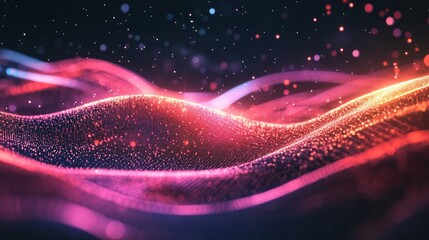 Wall Mural - Gradient holographic particle waves glowing with neon light, flowing dynamically in an abstract digital wallpaper. Modern, futuristic energy pulses across the design