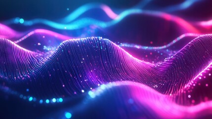 Wall Mural - Gradient holographic particle waves glowing with neon light, flowing dynamically in an abstract digital wallpaper. Modern, futuristic energy pulses across the design
