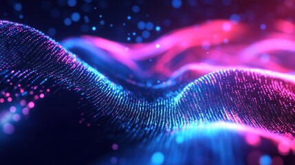 Wall Mural - Gradient holographic particle waves glowing with neon light, flowing dynamically in an abstract digital wallpaper. Modern, futuristic energy pulses across the design