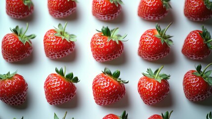 A pattern of fresh, ripe strawberries arranged in rows on a white background.