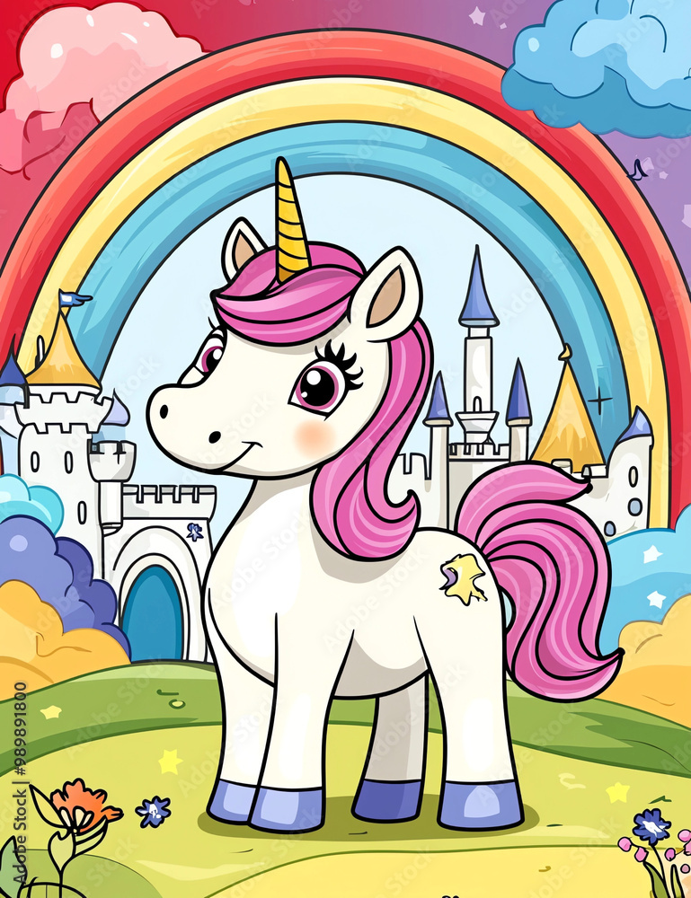 coloring page for kids, cute unicorn with rainbow color hair in front ...