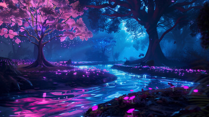 Poster - Enchanted River Flowing Through a Forest with Glowing Pink Mushrooms and Trees