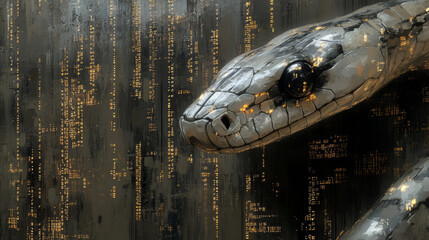 Sticker - A close-up of a metallic snake's head.