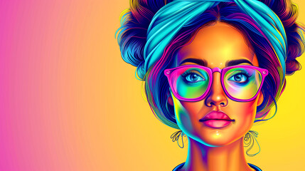 Wall Mural - A woman with glasses and a blue bandana is the main focus of the image. The background is a bright yellow color, which adds a pop of color to the scene. Scene is cheerful and vibrant