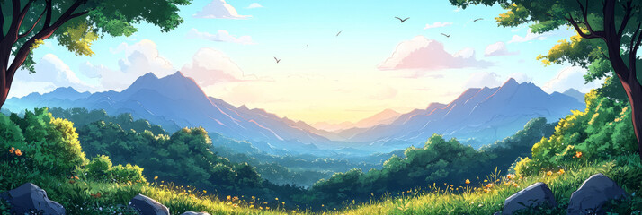 Wall Mural - Tranquil mountain landscape with lush greenery and a soft, pastel sky.