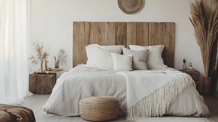 Wall Mural - Boho Bedroom Decor with White Bedding and Wooden Headboard