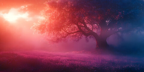 Wall Mural - Magical Tree Stands Tall in Ethereal Meadow Under a Vibrant Sunset Sky