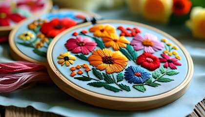 Vibrant floral embroidery hoops artfully arranged on a table