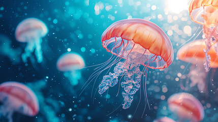 Glowing jellyfish swimming through a bright, colorful ocean of liquid light, symbolizing underwater imagination.
