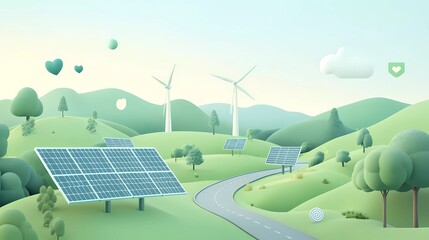 Surreal, flat illustration of green energy. Solar panels and wind turbines on a light background with icons for chat bubbles