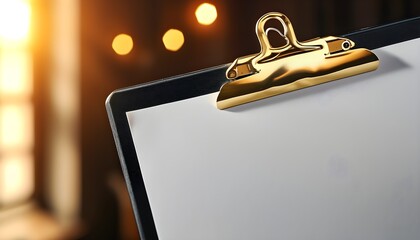 Elegant silver clipboard with gold clips showcasing papers, illuminated by soft warm light filtering through a nearby window