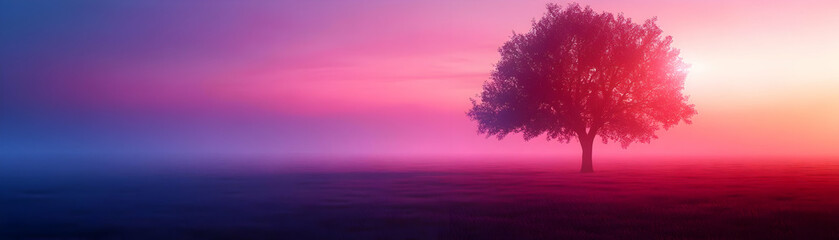 Wall Mural - A Lone Tree Stands in a Field of Purple and Pink Sunset