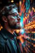 © Komkrit - Male entrepreneur standing in a futuristic workspace, looking at a large holographic display showing financial market trends and stock data