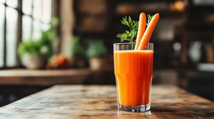 Glass of fresh carrot juice with carrot sticks and greens on a wooden table.