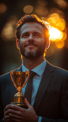 Canvas Print - A man in a suit holds up a trophy, looking up with a smile.