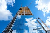 A newly constructed skyscraper reflecting the sky, with cranes and scaffolding still visible as the final touches are made